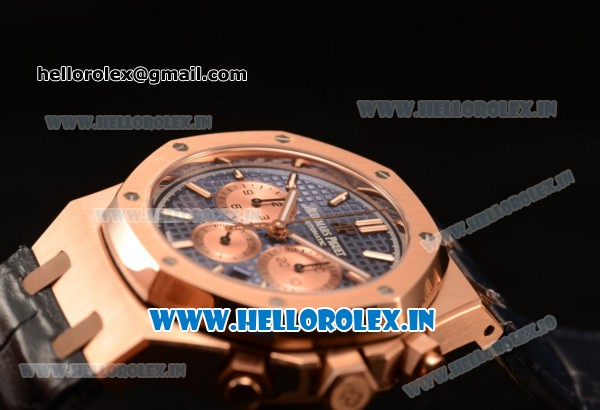 Audemars Piguet Royal Oak Chronograph Swiss Valjoux 7750 Rose Gold Case with Black Leather Strap Blue Dial and Gold Three Subdials 1:1 Original EF - Click Image to Close